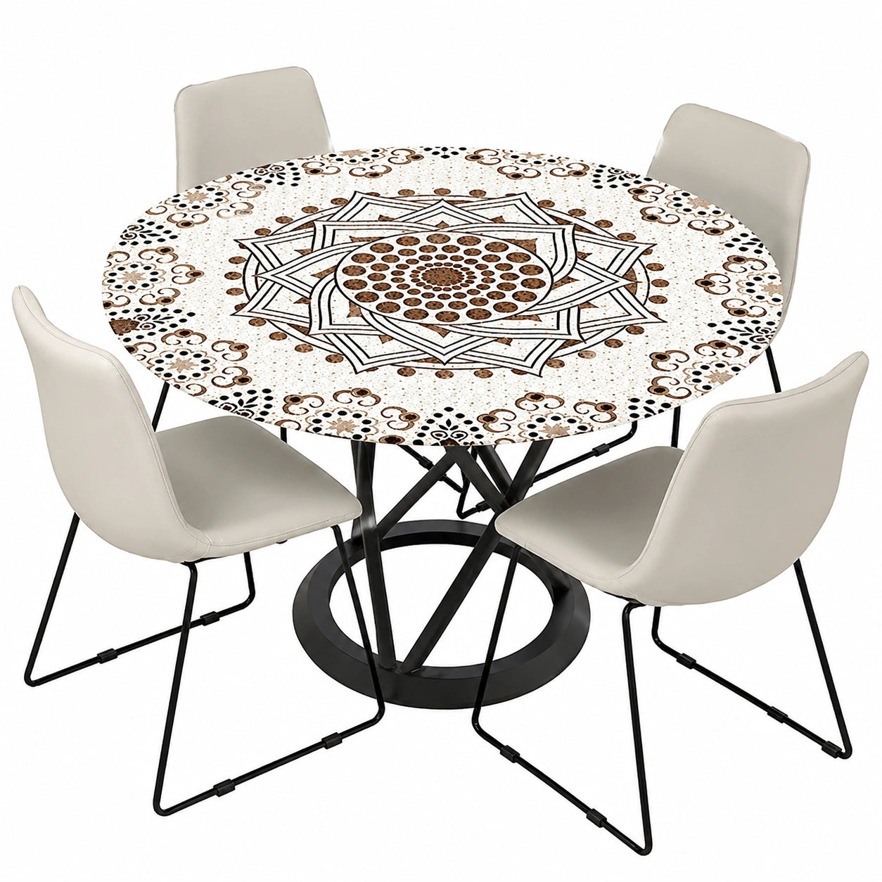 Runde elastische Outdoor-Tischdecke 120 cm, wasserabweisend mit Lotuseffekt, Mandala Design in Creme, ideal f¨¹r Gartentische 100cm-110cm