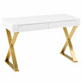 Moderner Computertisch aus Holz mit Metallbeinen in Wei? und Gold, 118x76x57 cm mit Schubladen