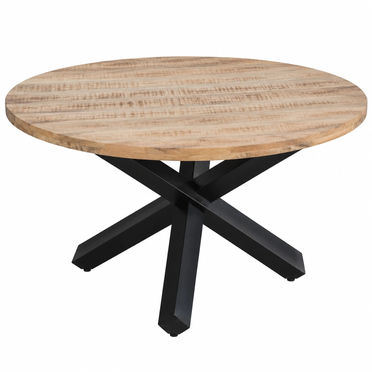 Runder Esstisch 130 cm aus massivem Mangoholz im Used-Look mit schwarzem Sternmetallfu?