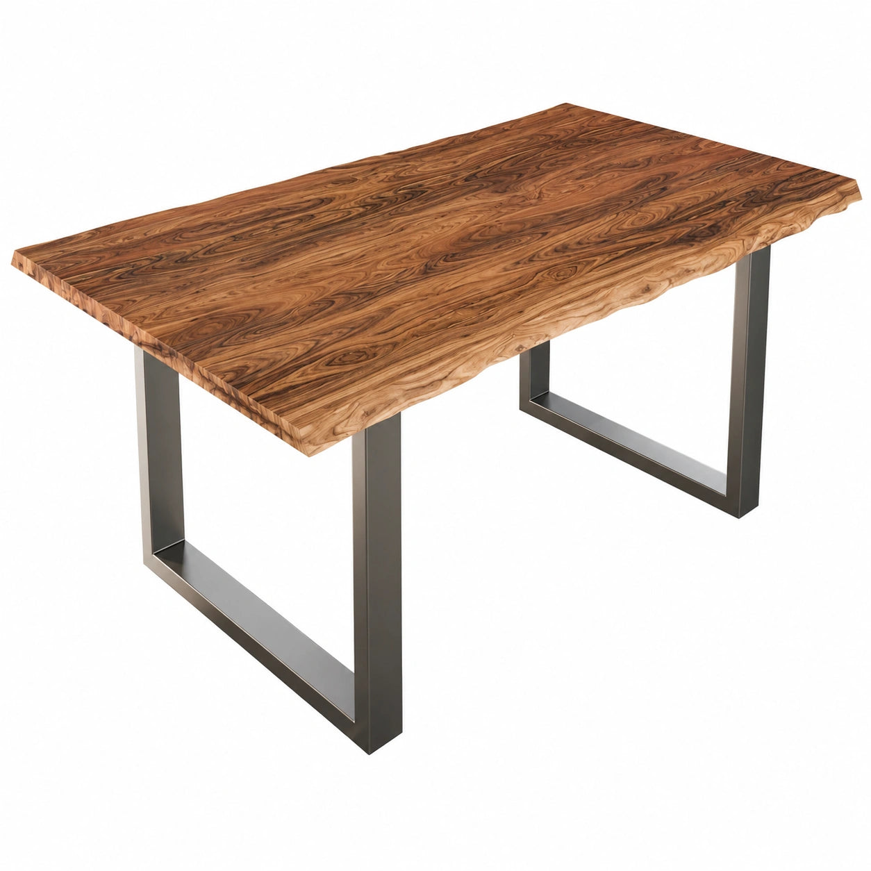 Esszimmertisch Lauren aus Massivholz Akazie, 180x90 cm mit Baumkante und silbernem U-Gestell